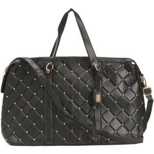 new Badgley Mischka Quilted Weekender Tote Black w/ gold decorative rivets 254